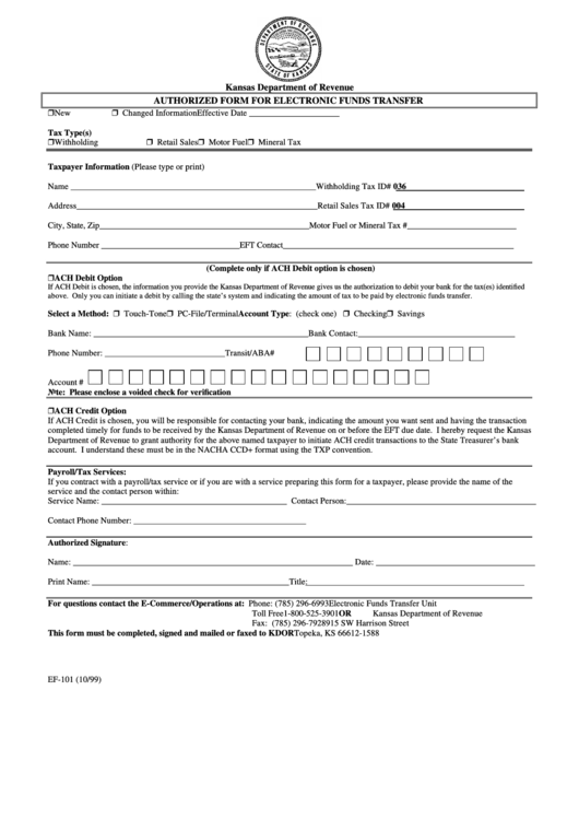 Form Ef-101 - Authorized Form For Electronic Funds Transfer Printable pdf