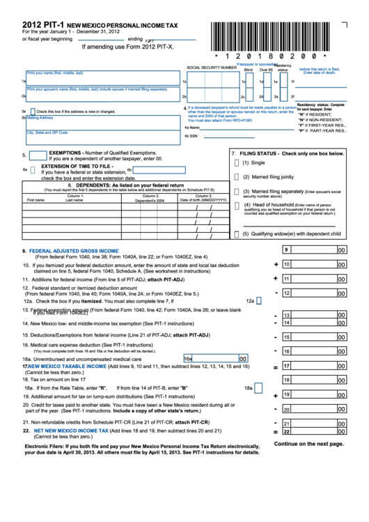 Form Pit-1 - New Mexico Personal Income Tax/form Pit-Adj - New Mexico Schedule Of Additions And Deductions/exemptions - 2012 Printable pdf