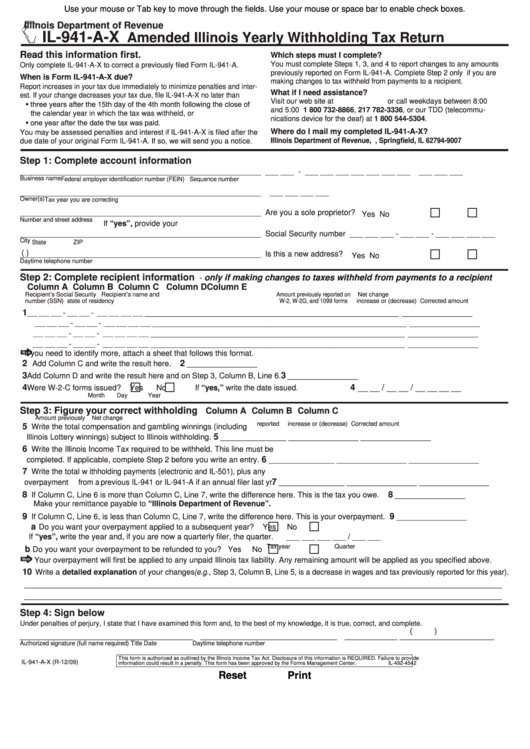 Fillable Form Il-941-A-X - Amended Illinois Yearly Withholding Tax Return - 2009 Printable pdf