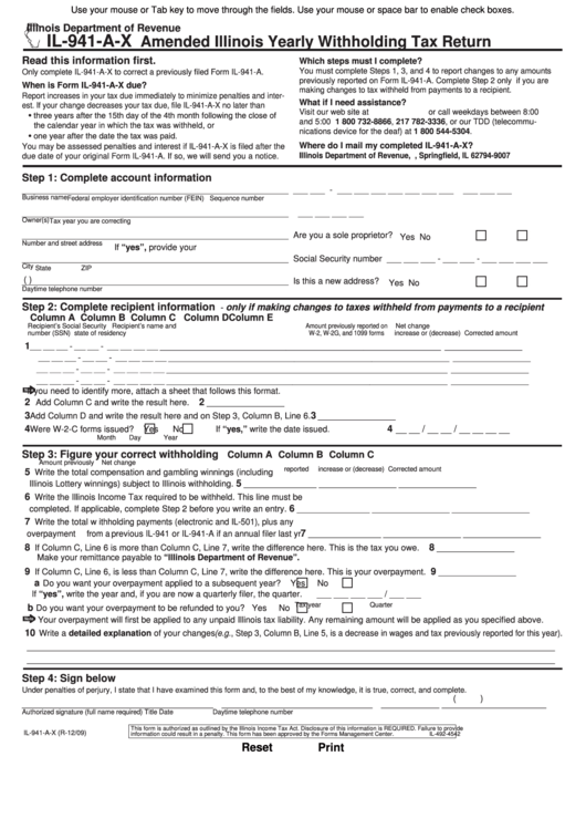 Fillable Form Il 941 A X Amended Illinois Yearly Withholding Tax Return 2009 Printable Pdf