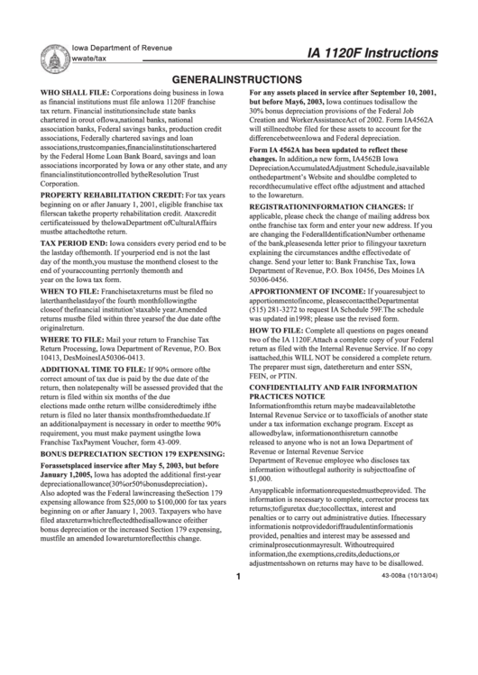 Instructions For Form Ia 1120f Printable pdf