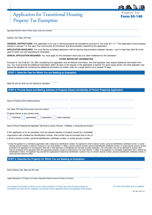Fillable Form 50-140 - Application For Transitional Housing Property Tax Exemption Printable pdf
