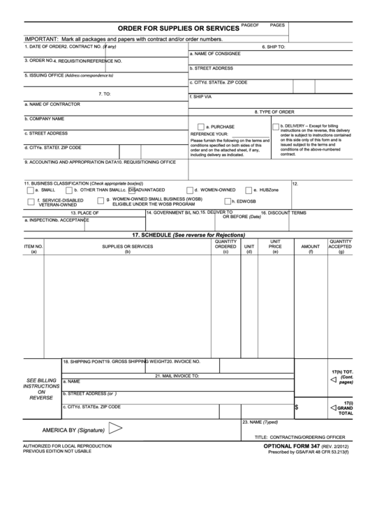 Fillable Optional Form 347 - Order For Supplies Or Services Printable pdf