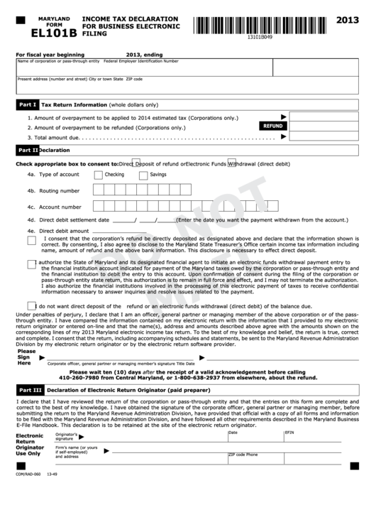 Form El101b - Income Tax Declaration For Business Electronic Filing - 2013 Printable pdf