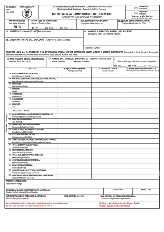 Form 499r-2c/w-2cpr - Corrected Withholding Statement - 2013 Printable pdf