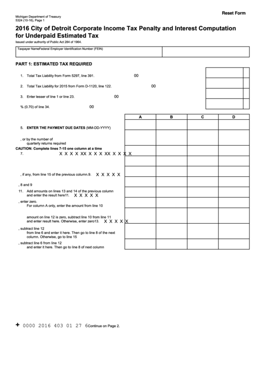 Fillable Form 5324 - City Of Detroit Corporate Income Tax Penalty And Interest Computation For Underpaid Estimated Tax - 2016 Printable pdf