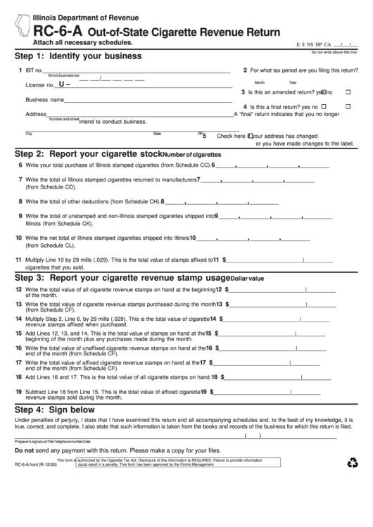 Form Rc-6-A - Out-Of-State Cigarette Revenue Return - 2000 Printable pdf