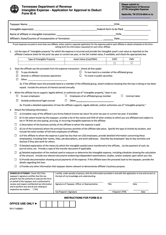 Form Ie-A - Intangible Expense - Application For Approval To Deduct Printable pdf