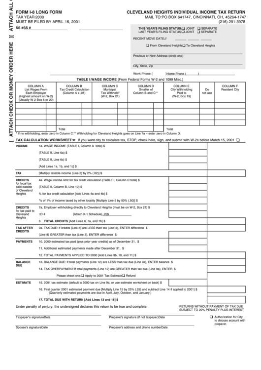 Form I-8 Long - Cleveland Heights Individual Income Tax Return - 2000 Printable pdf