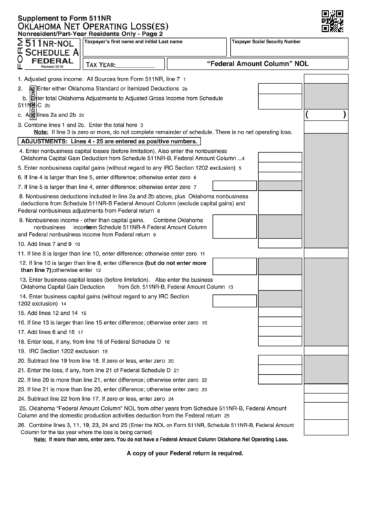 Fillable Form 511nr-Nol - Supplement To Form 511nr - Oklahoma Net ...