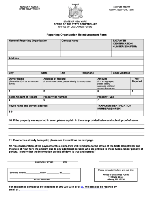 Reporting Organization Reimbursement Form Printable pdf
