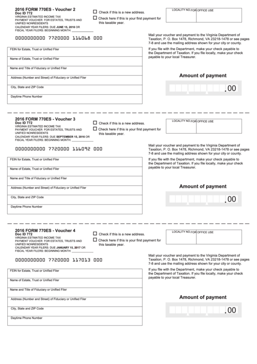 Fillable Form 770es - Voucher 2 - Virginia Estimated Income Tax Payment Voucher For Estates, Trusts And Unified Nonresidents - 2016 Printable pdf