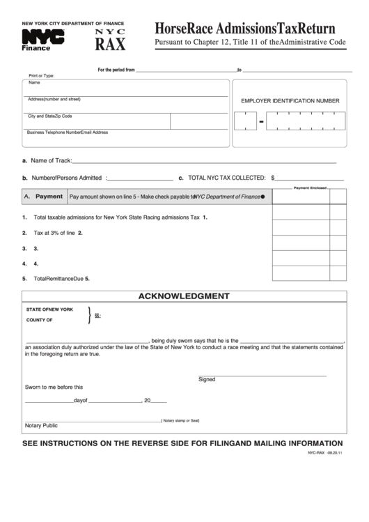 Form Nyc Rax - Horse Race Admissions Tax Return Printable pdf