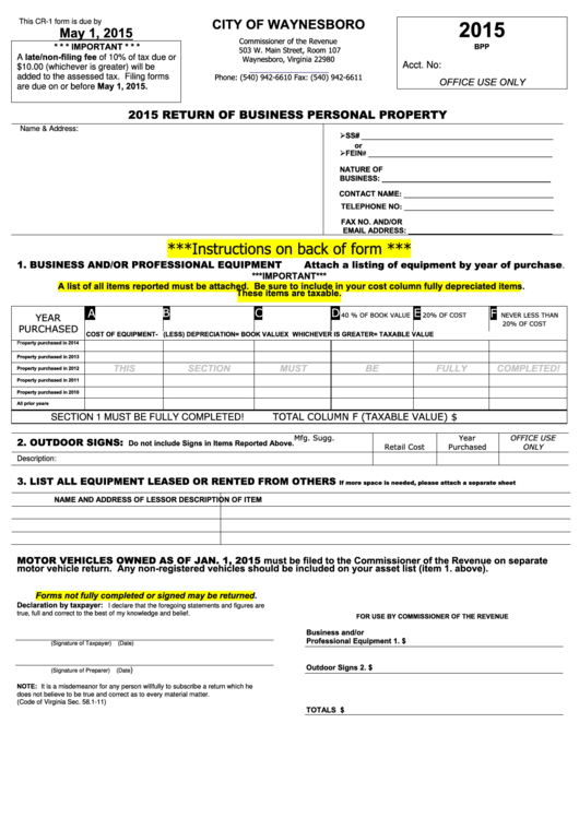 Form Cr-1 - Return Of Business Personal Property - Waynesboro Commissioner Of The Revenue - 2015 Printable pdf