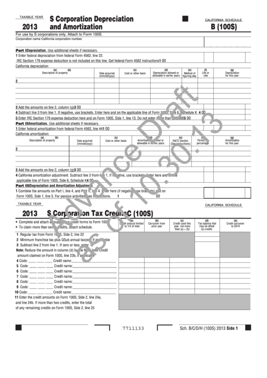 California Schedule B (100s) Draft - S Corporation Depreciation And Amortization/california Schedule D (100s) Draft - S Corporation Capital Gains And Losses And Built-In Gains/etc. - 2013 Printable pdf