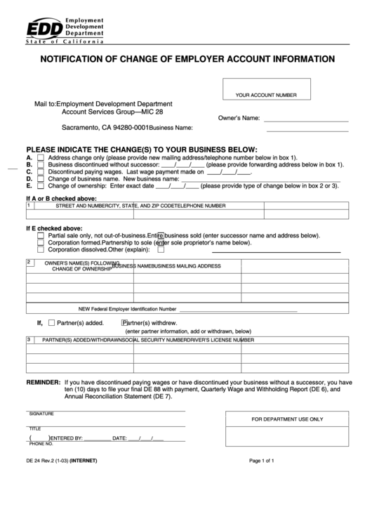 Fillable Form De 24 - Notification Of Change Of Employer Account Information Printable pdf