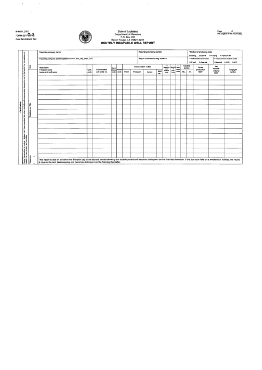 Form Sev- G-3 - Monthly Incapable Well Report Printable pdf