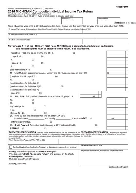 Fillable Form 807 - Michigan Composite Individual Income Tax Return - 2016 Printable pdf