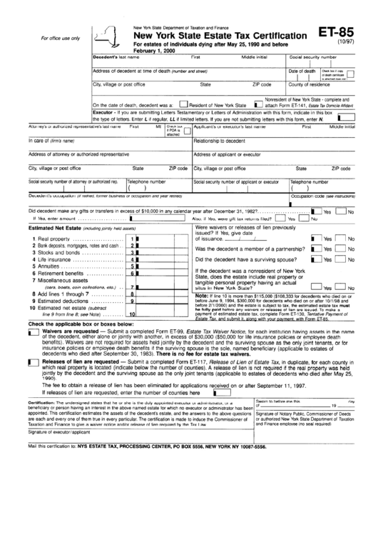 Form Et-85 - New York State Estate Tax Certification - New York State Department Of Taxation And Finance Printable pdf