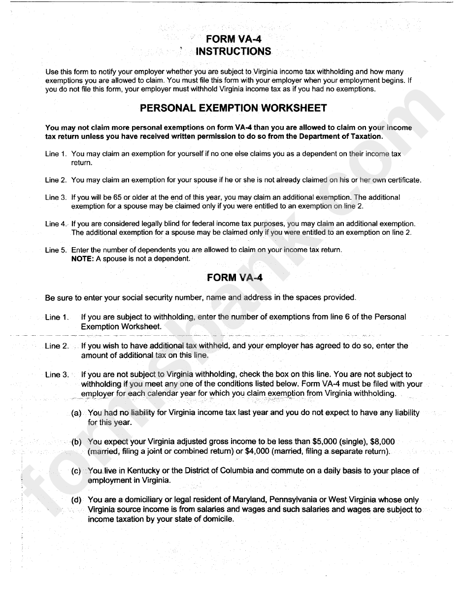 Instructions For Personal Exemption Worksheet Form Va-4