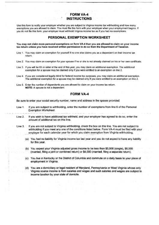 Instructions For Personal Exemption Worksheet Form Va-4 Printable pdf