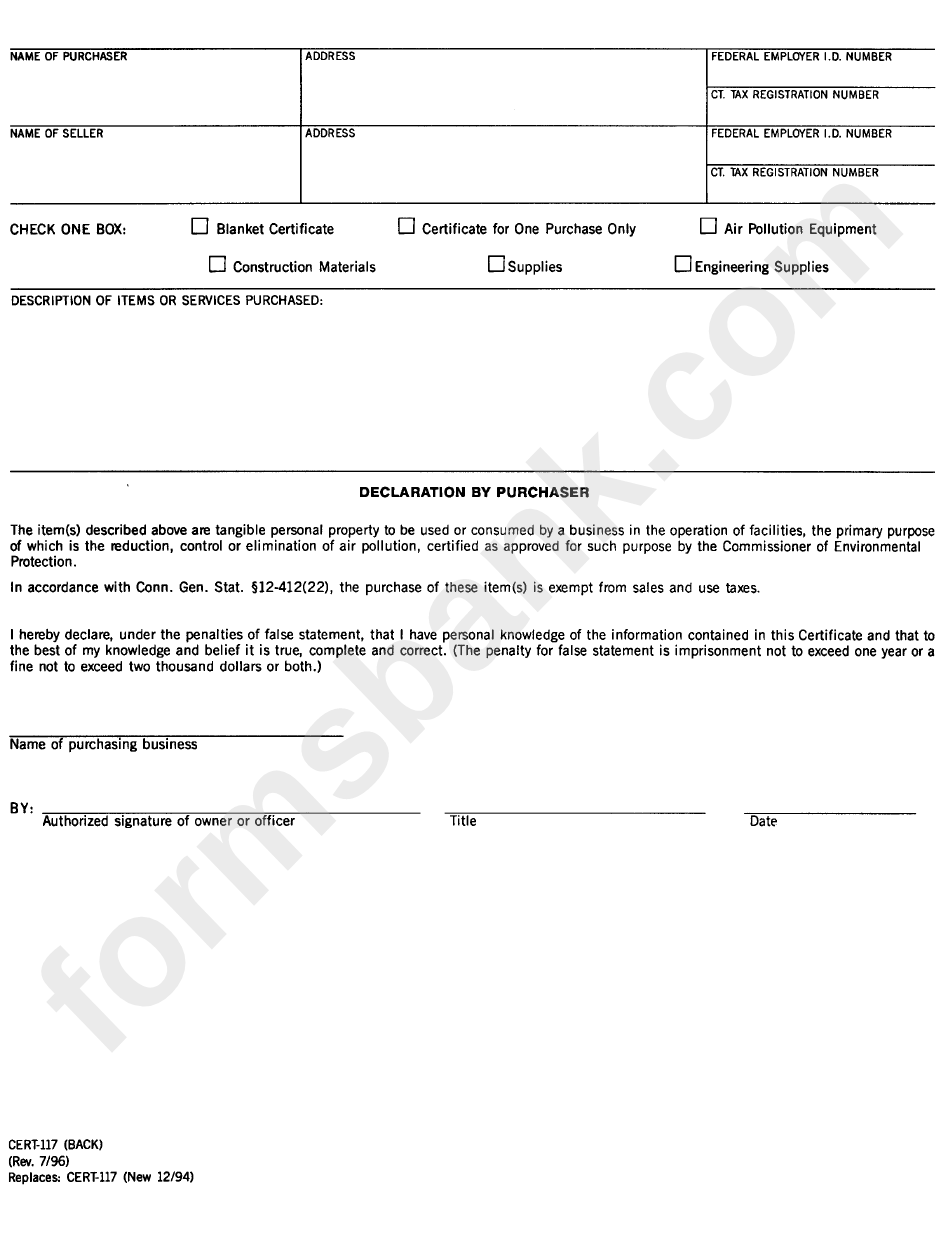Form Cert-117 - Certificate For Purchases Of Tangible Personal Property Incorporated Into Or Consumed In Air Pollution Controll Facilities
