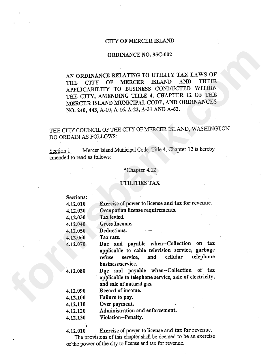 Ordinance 95c-002 - Utilities Tax - City Of Mercer Island Wa
