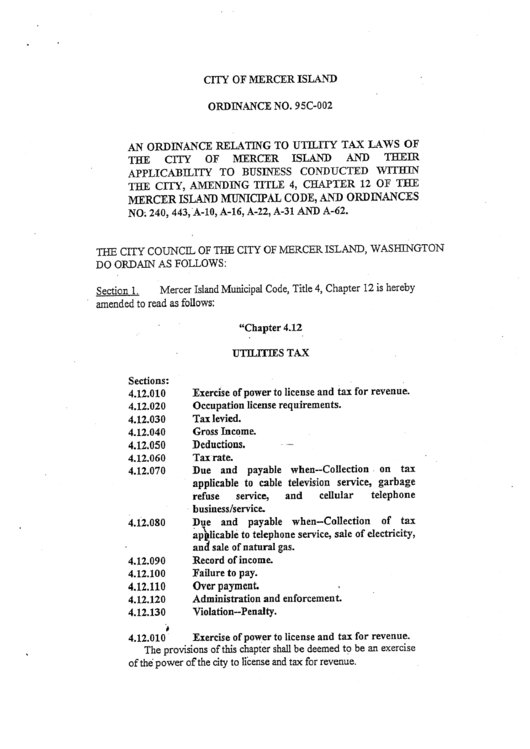 Ordinance 95c-002 - Utilities Tax - City Of Mercer Island Wa Printable pdf