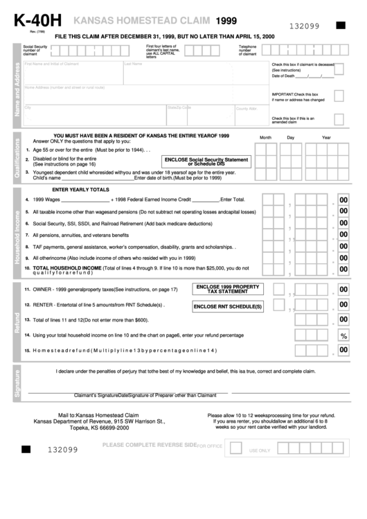 Form K-40h - Kansas Homestead Claim (1999) Printable pdf