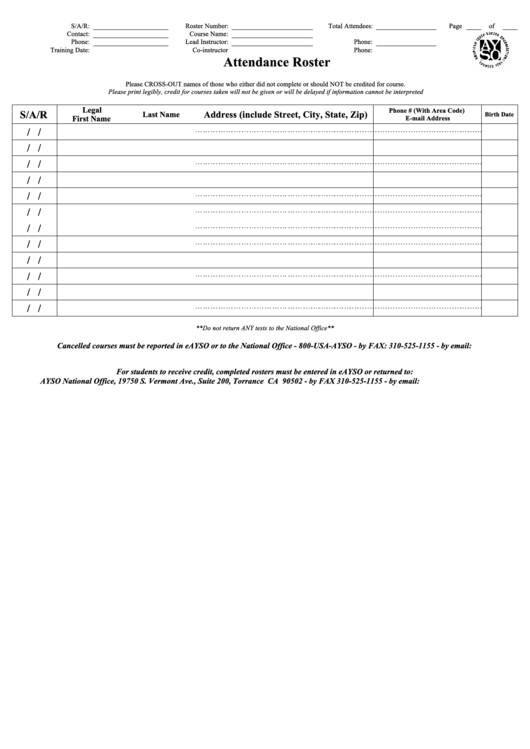 Attendance Roster Template - Ayso Printable pdf