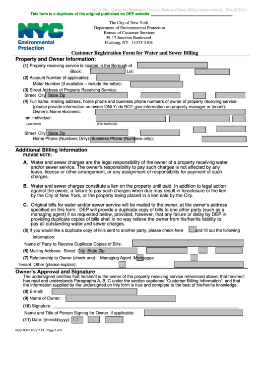 Fillable Form Bcs-7crf - Customer Registration For Water And Sewer Billing Printable pdf