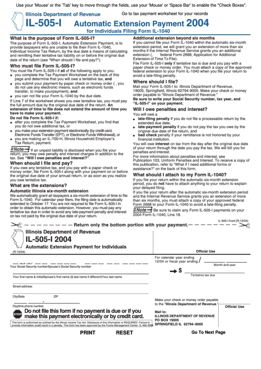 Fillable Form Il-505-I - Automatic Extension Payment For Individuals - 2004 Printable pdf