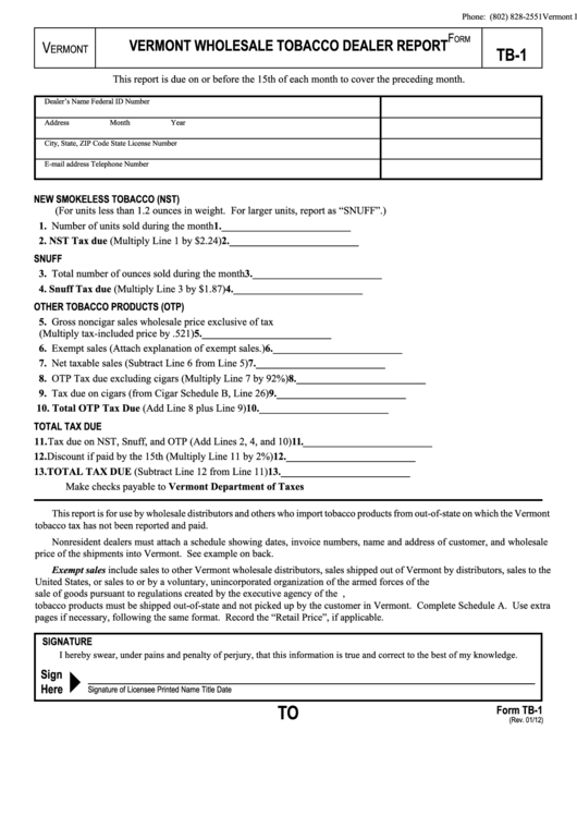 Fillable Form Tb-1 - Vermont Wholesale Tobacco Dealer Report Printable pdf