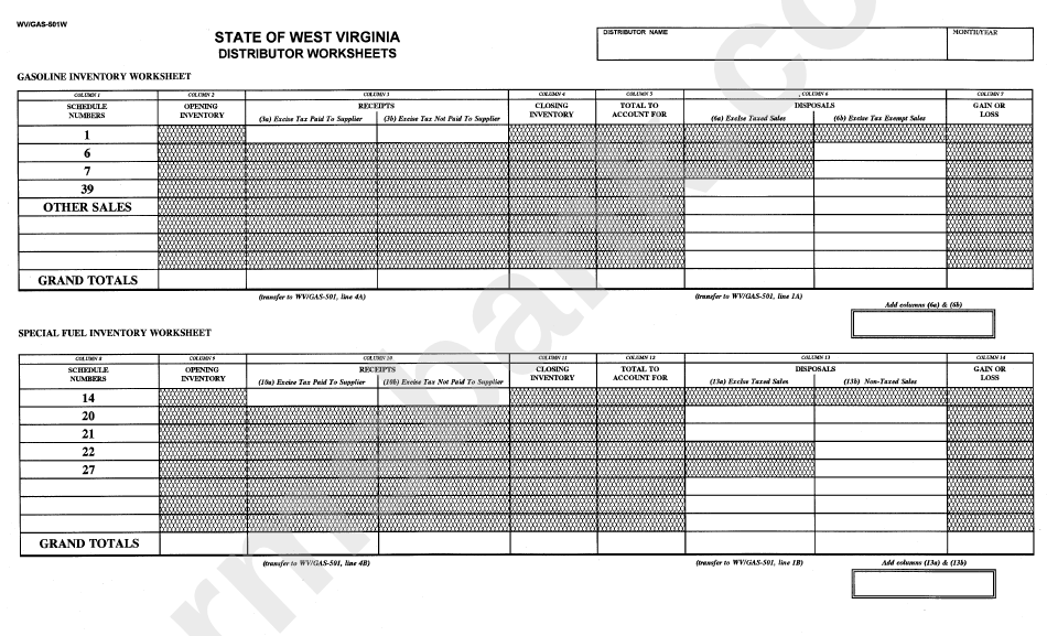 Form Wv/gas501w - Distributor Worksheets