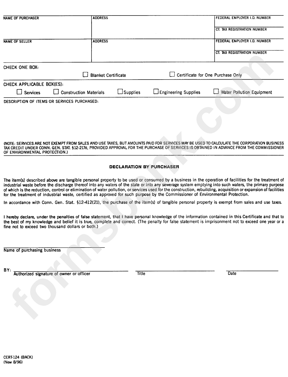 Form Cert-124 - Certificate For Purchases In Connection With Water Pollution Control Facilities