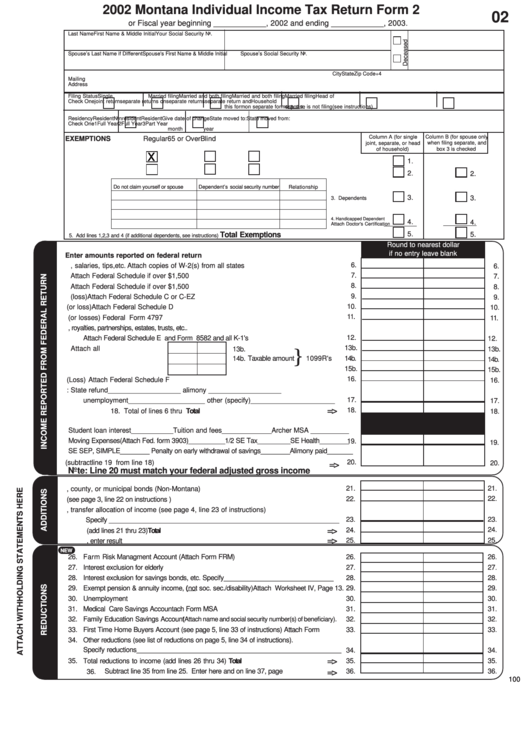 Form 2 - Montana Individual Income Tax Return - 2002 Printable pdf