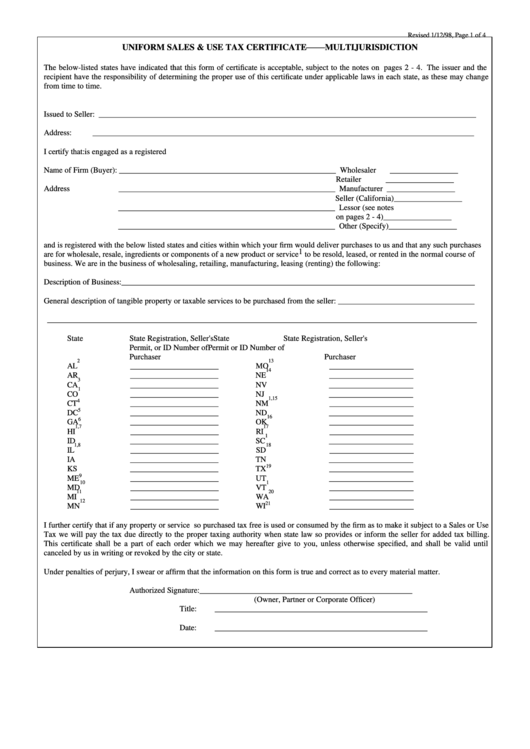 Uniform Sales & Use Tax Certificate Template - Multijurisdiction - California - 1998 Printable pdf