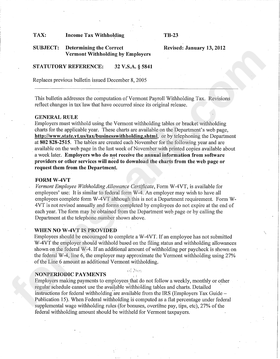 Form Tb-23 - Income Tax Withholding Information