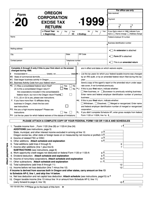 Fillable Form 20 - Oregon Corporation Excise Tax Return - 1999 Printable pdf