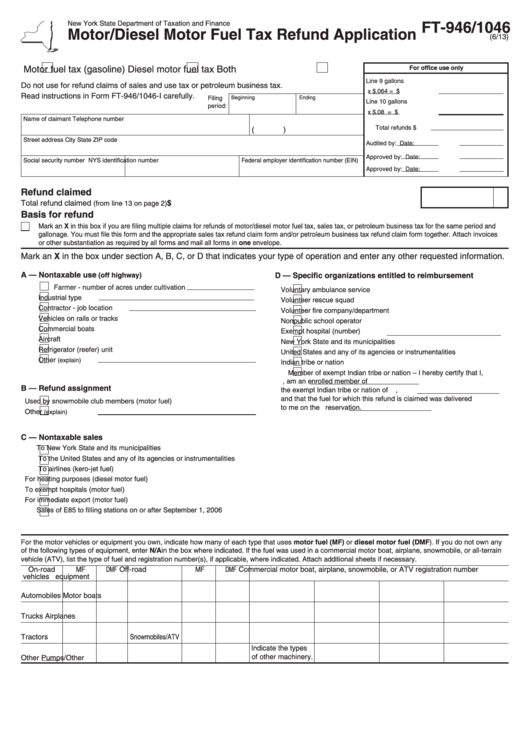 Form Ft-946/1046 - Motor/diesel Motor Fuel Tax Refund Application Printable pdf