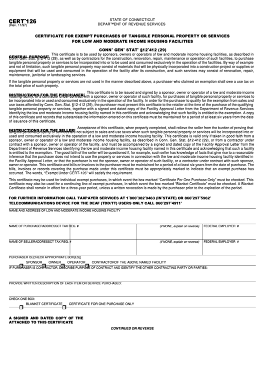 Fillable Form Cert-126 - Certificate For Exempt Purchases Of Tangible Personal Property Or Services For Low And Moderate Income Housing Facilities Printable pdf