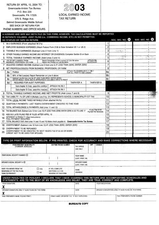 Local Earned Income Tax Return - 2003 Printable Pdf Download