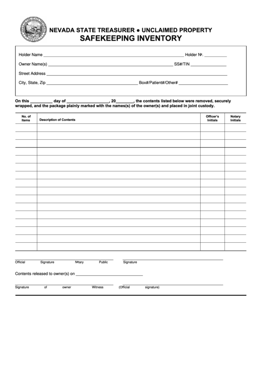 Fillable Unclaimed Property Safekeeping Inventory Form Printable pdf