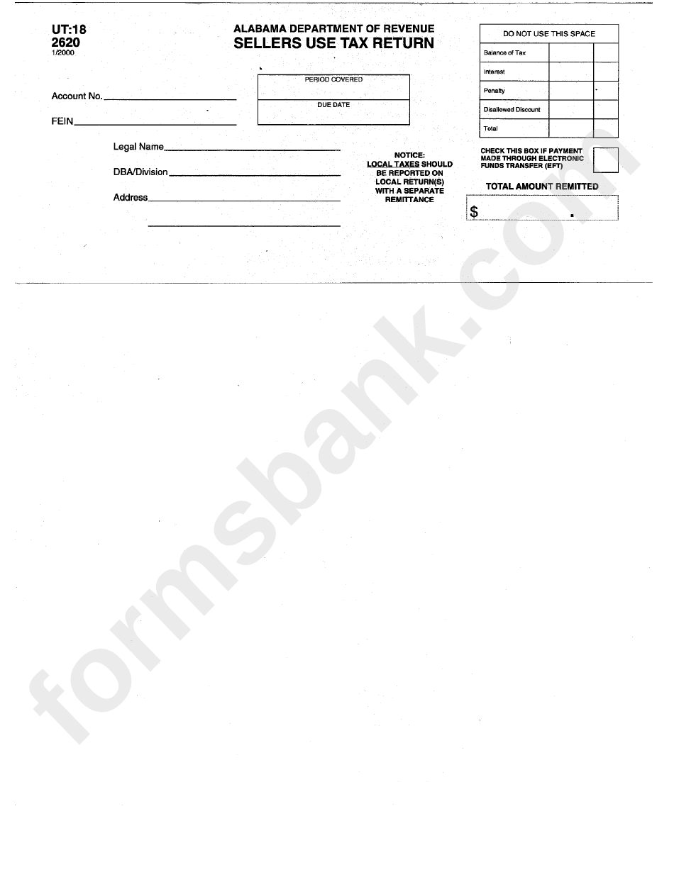 Form Ut:18 2620 - Sellers Use Tax Return - Alabama Department Of Revenue