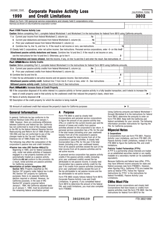 California Form 3802 - Corporate Passive Activity Loss And Credit Limitations - 1999 Printable pdf