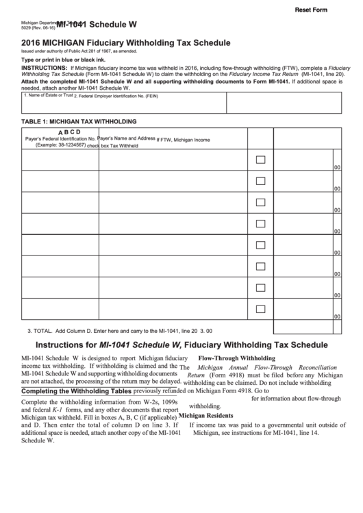 Fillable Form Mi-1041 - Schedule W Michigan Fiduciary Withholding Tax
