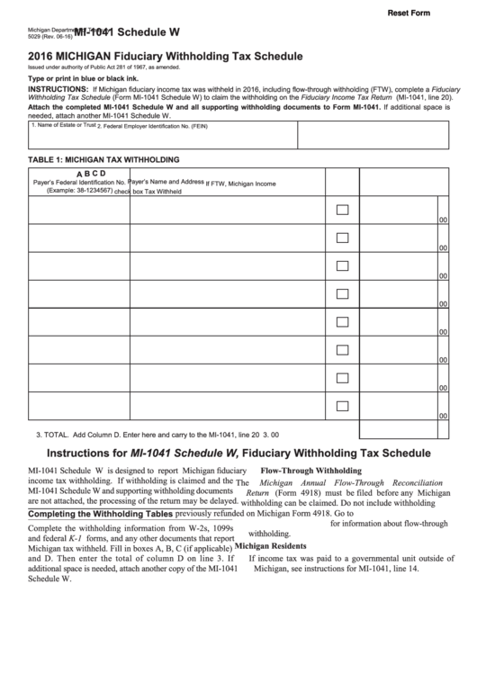 Fillable Form Mi 1041 Schedule W Michigan Fiduciary Withholding Tax Schedule 2016 Printable