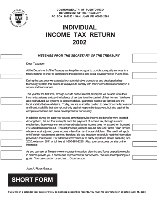 Individual Income Tax Return - Puerto Rico Department Of The Treasury - 2002 Printable pdf