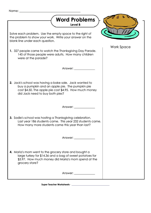 Word Problems Worksheet With Answers Printable pdf
