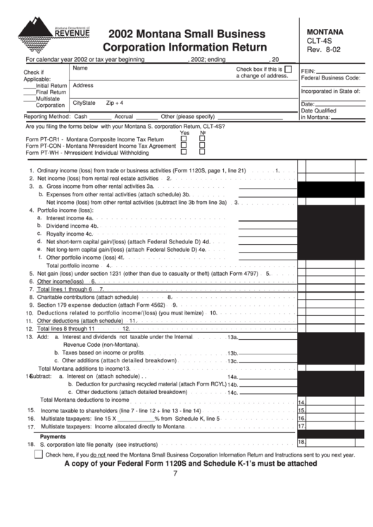 Form Clt-4s - Montana Small Business Corporation Information Return - 2002 Printable pdf